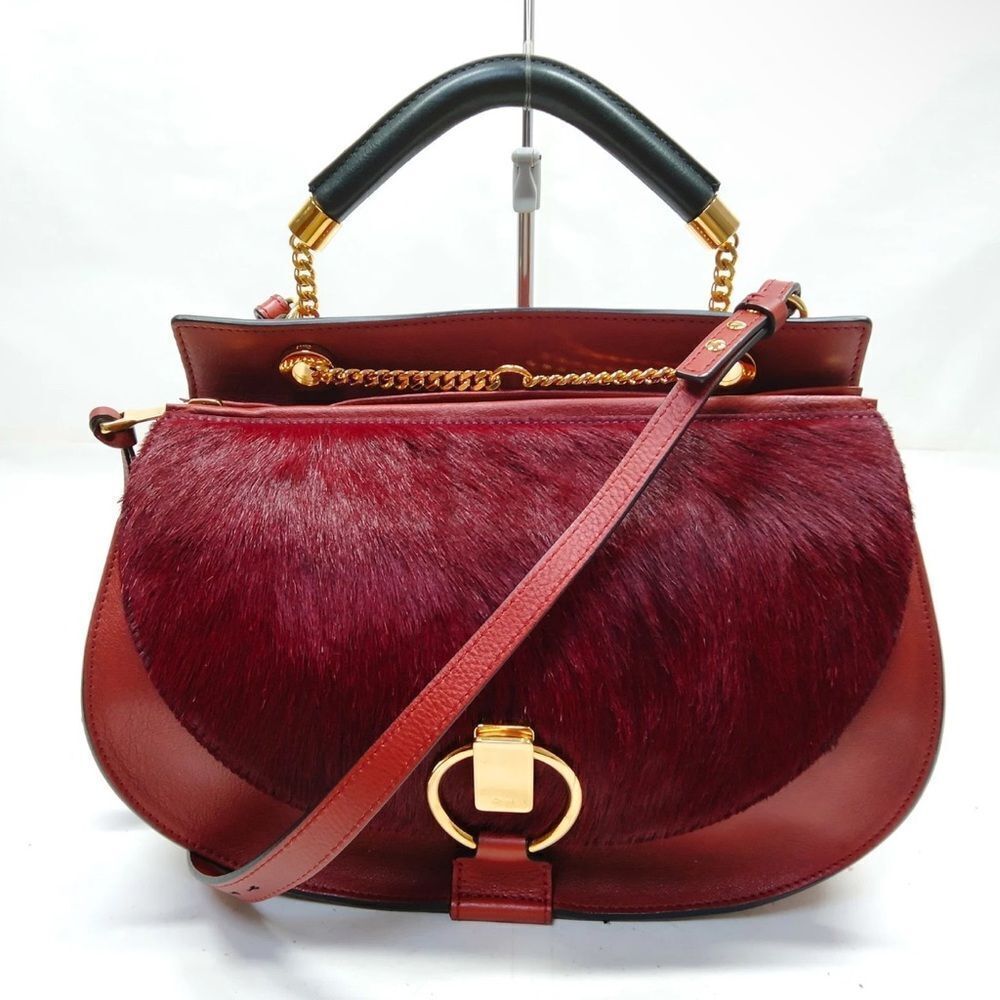 Auth Chloe Burgundy Leather Pony Goldie 2way Top Handle Crossbody Satchel